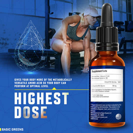 BASIC GREENS Sublingual Liquid L-Arginine Drops for Men & Women | Vegan Amino Acid Supplement | 60 Servings | Made in USA