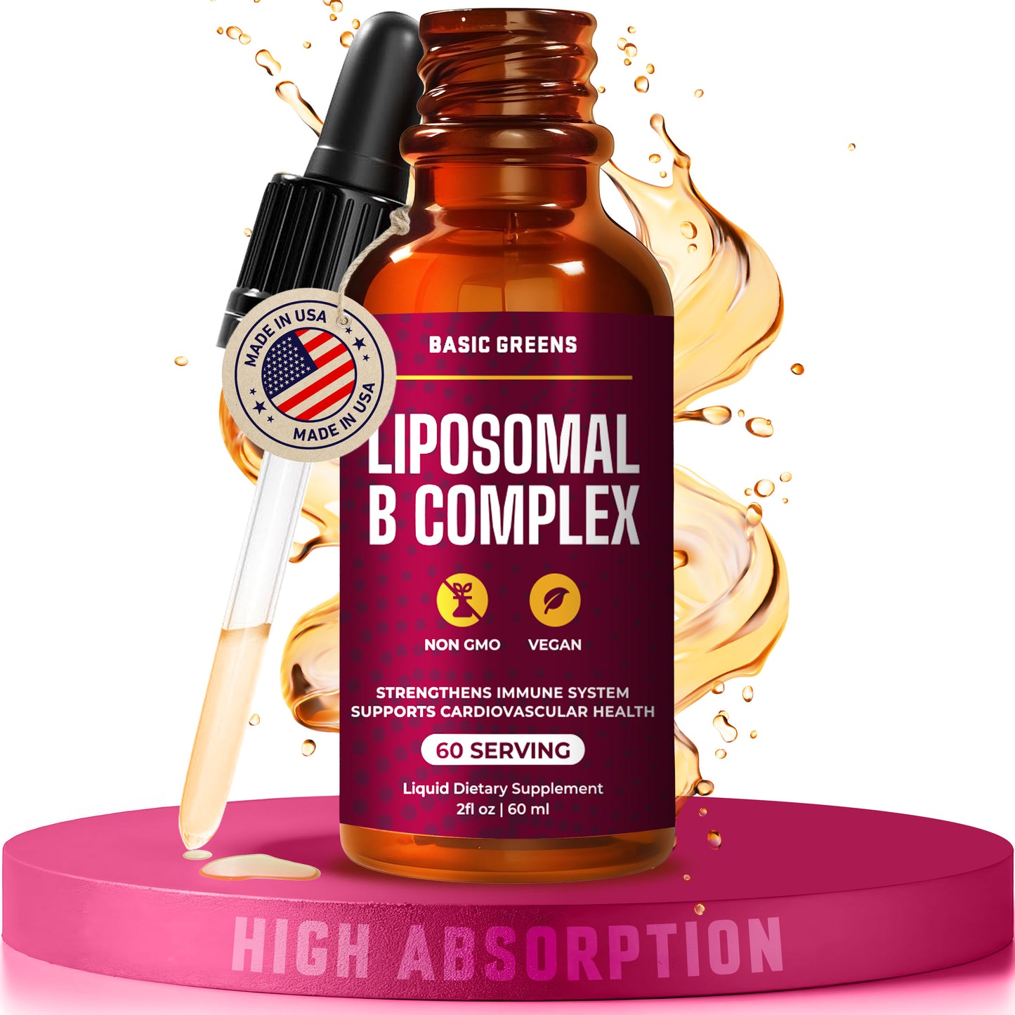 BASIC GREENS Liposomal B Vitamins Complex Liquid – High Absorption for Energy, Brain & Skin Health, Hair & Nails, Advanced Liposomal Delivery, Vegan, Non-GMO, 2 Fl Oz (Copy)