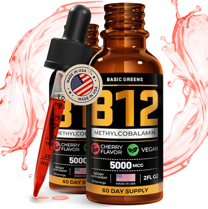 2 Pack BASIC GREENS Vitamin B12 Methylcobalamin Sublingual Liquid Drops 5000 mcg — Vegan Energy & Nervous System Support, 60 Servings (4 Fl Oz)