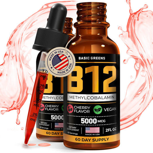 2 Pack BASIC GREENS Vitamin B12 Methylcobalamin Sublingual Liquid Drops 5000 mcg — Vegan Energy & Nervous System Support, 60 Servings (4 Fl Oz)