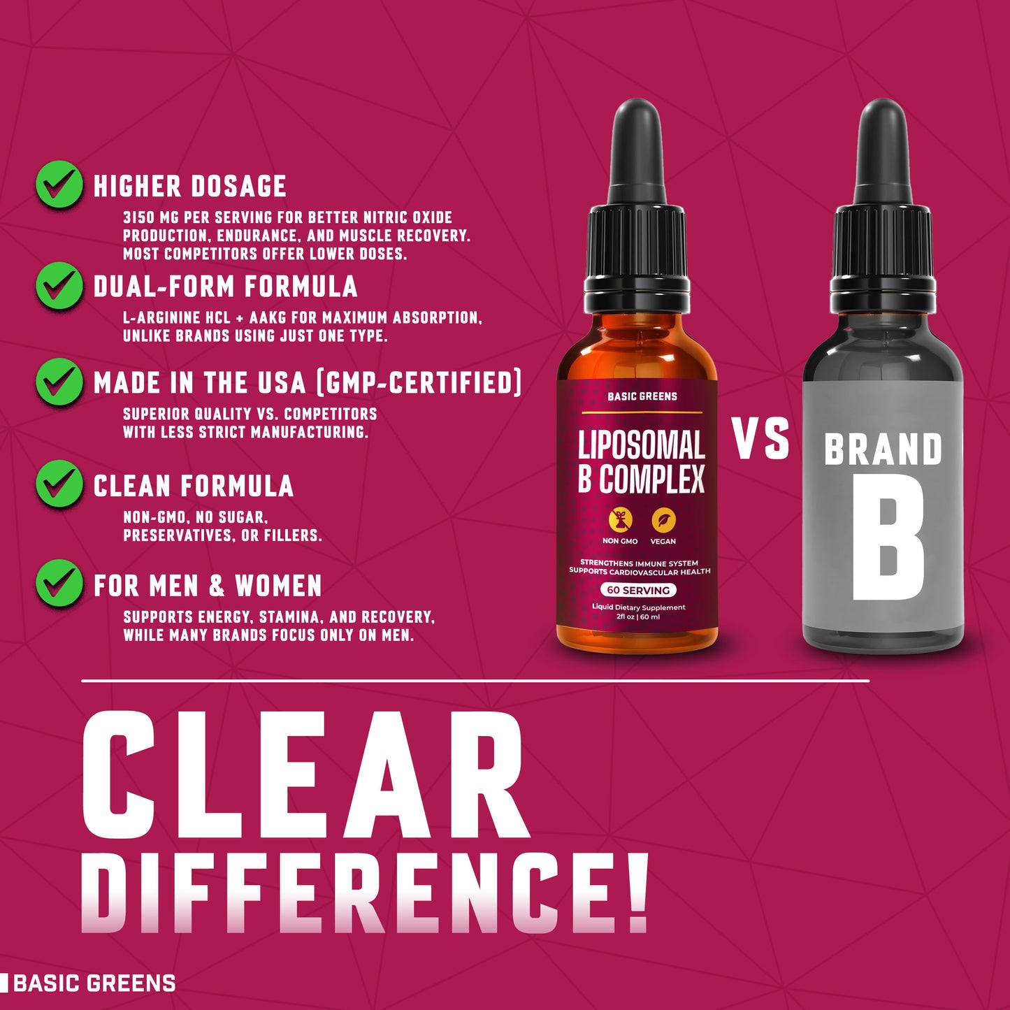 BASIC GREENS Liposomal B Vitamins Complex Liquid – High Absorption for Energy, Brain & Skin Health, Hair & Nails, Advanced Liposomal Delivery, Vegan, Non-GMO, 2 Fl Oz (Copy)