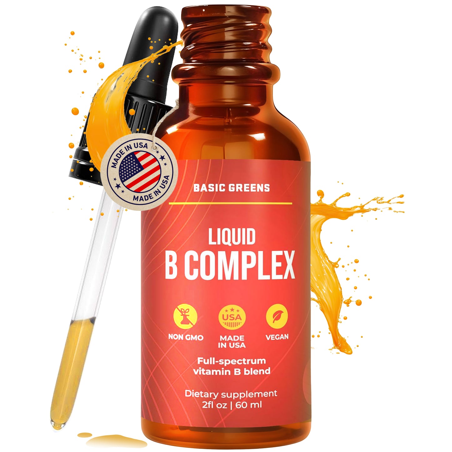 BASIC GREENS Liposomal Vitamin B Complex Liquid Drops – B12, B6 & Biotin Formula – Vegan Daily Wellness Support – Non-GMO – 2 Fl Oz