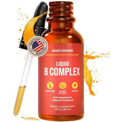 BASIC GREENS Liposomal Vitamin B Complex Liquid Drops – B12, B6 & Biotin Formula – Vegan Daily Wellness Support – Non-GMO – 2 Fl Oz