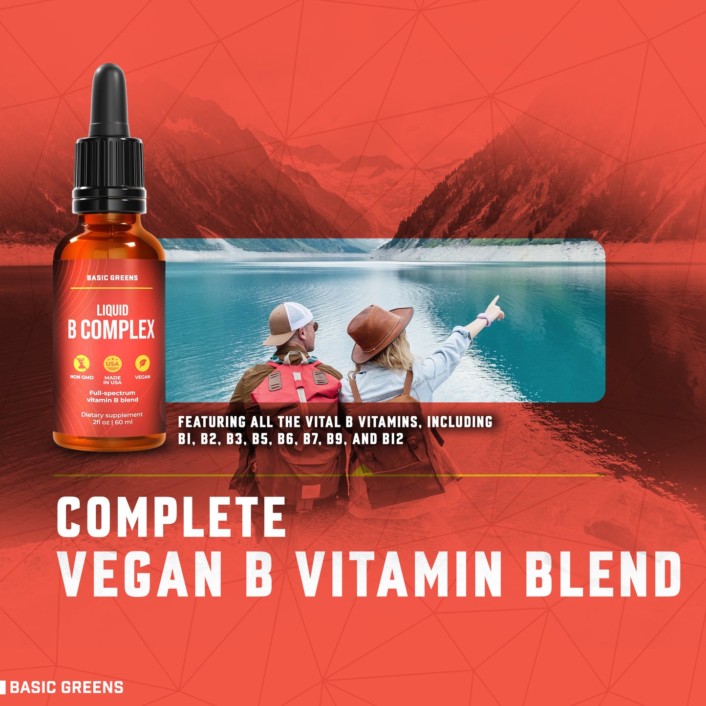 BASIC GREENS Liposomal Vitamin B Complex Liquid Drops – B12, B6 & Biotin Formula – Vegan Daily Wellness Support – Non-GMO – 2 Fl Oz