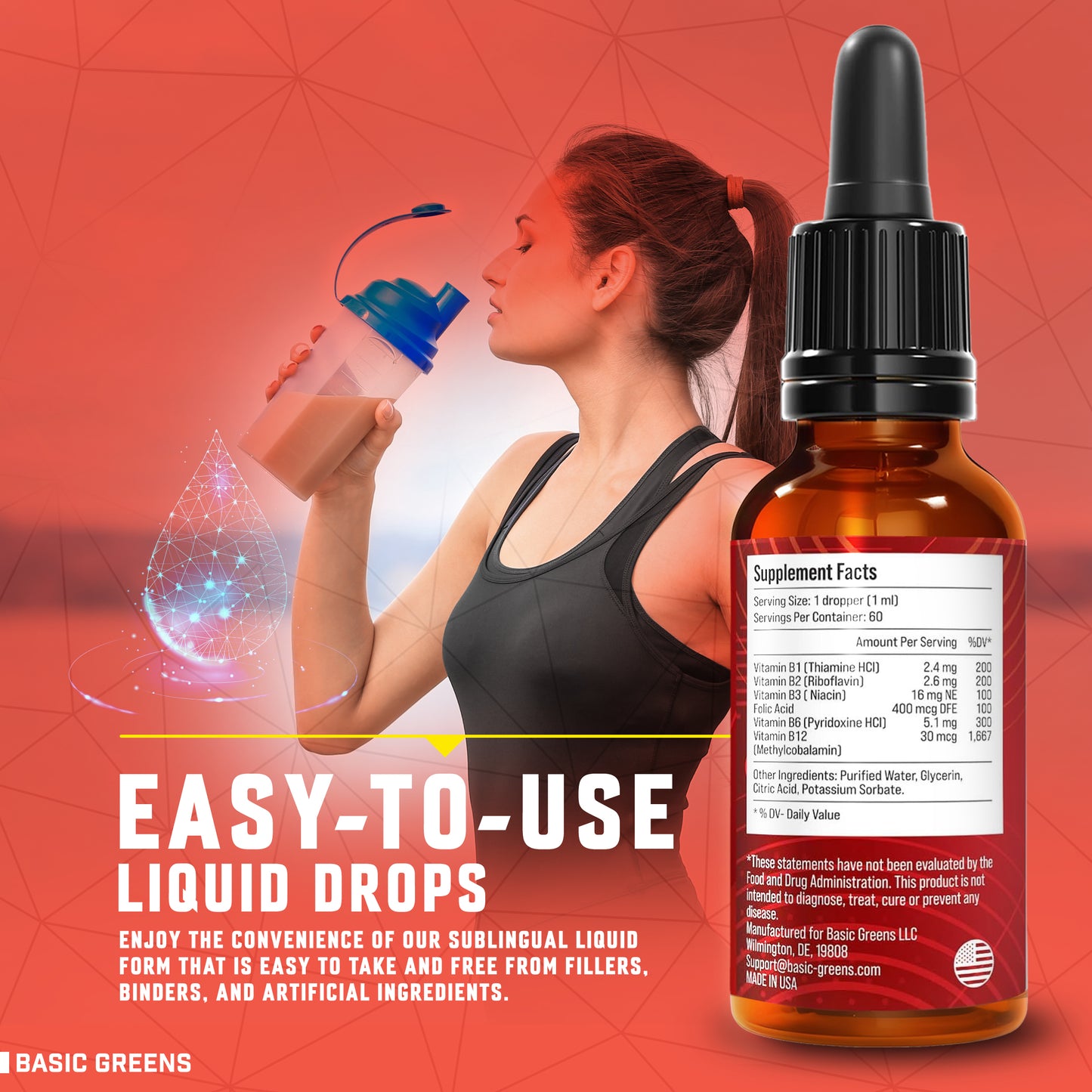 BASIC GREENS Liposomal Vitamin B Complex Liquid Drops – B12, B6 & Biotin Formula – Vegan Daily Wellness Support – Non-GMO – 2 Fl Oz