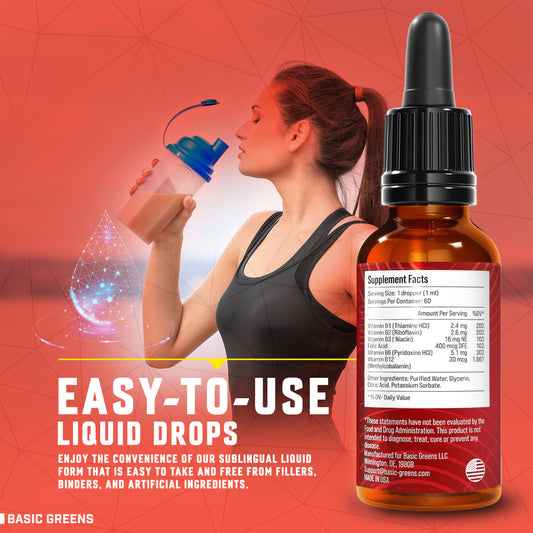 BASIC GREENS Liposomal Vitamin B Complex Liquid Drops – B12, B6 & Biotin Formula – Vegan Daily Wellness Support – Non-GMO – 2 Fl Oz
