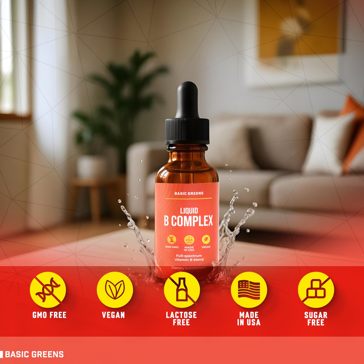 BASIC GREENS Liposomal Vitamin B Complex Liquid Drops – B12, B6 & Biotin Formula – Vegan Daily Wellness Support – Non-GMO – 2 Fl Oz