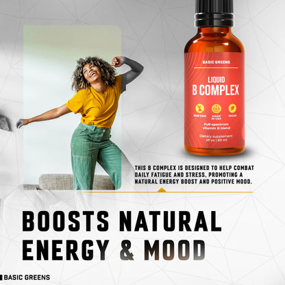 BASIC GREENS Liposomal Vitamin B Complex Liquid Drops – B12, B6 & Biotin Formula – Vegan Daily Wellness Support – Non-GMO – 2 Fl Oz