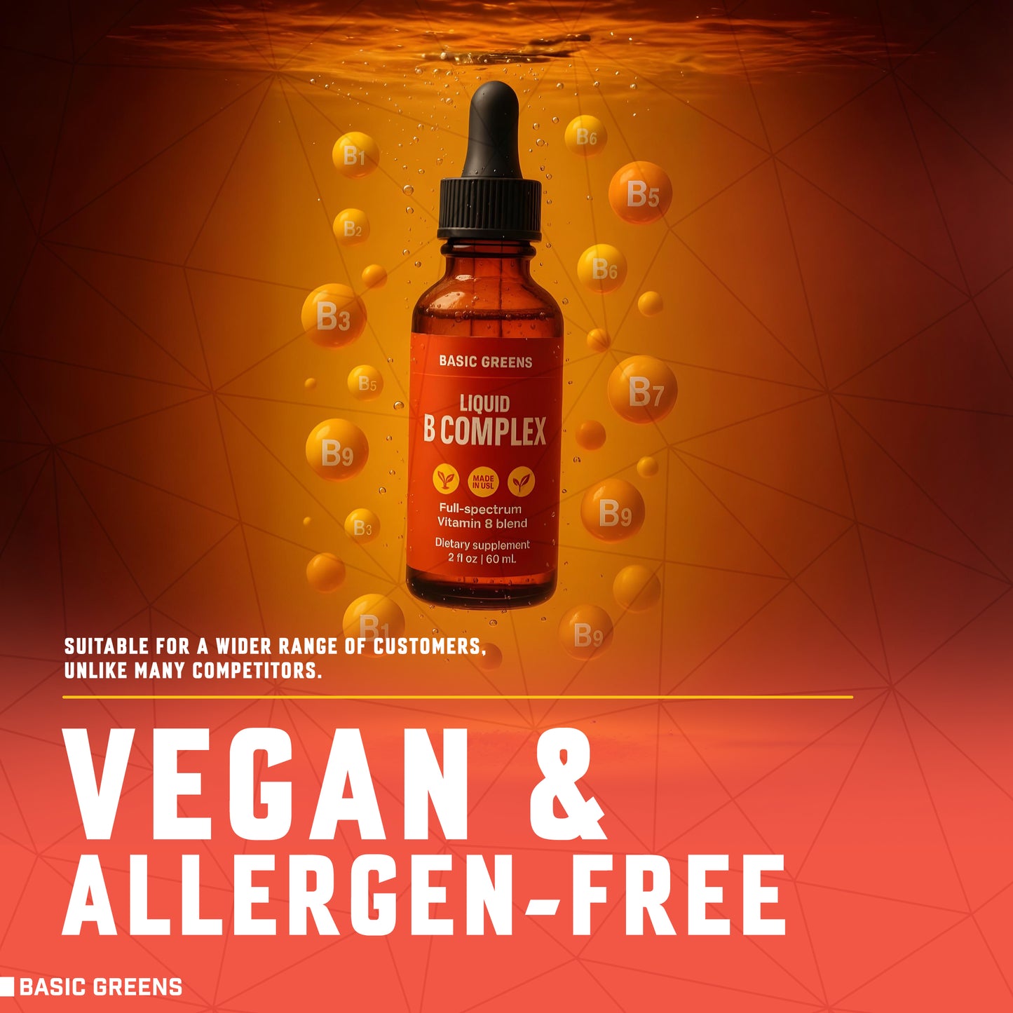 BASIC GREENS Liposomal Vitamin B Complex Liquid Drops – B12, B6 & Biotin Formula – Vegan Daily Wellness Support – Non-GMO – 2 Fl Oz