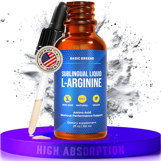 BASIC GREENS Sublingual Liquid L-Arginine Drops for Men & Women | Vegan Amino Acid Supplement | 60 Servings | Made in USA