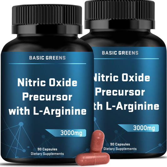2 Pack L-Arginine 3000mg Nitric Oxide Supplement by BASIC GREENS – Premium AAKG & HCl Blend for Circulation, Endurance, and Muscle Recovery – Vegan & Non-GMO, 180 Capsules