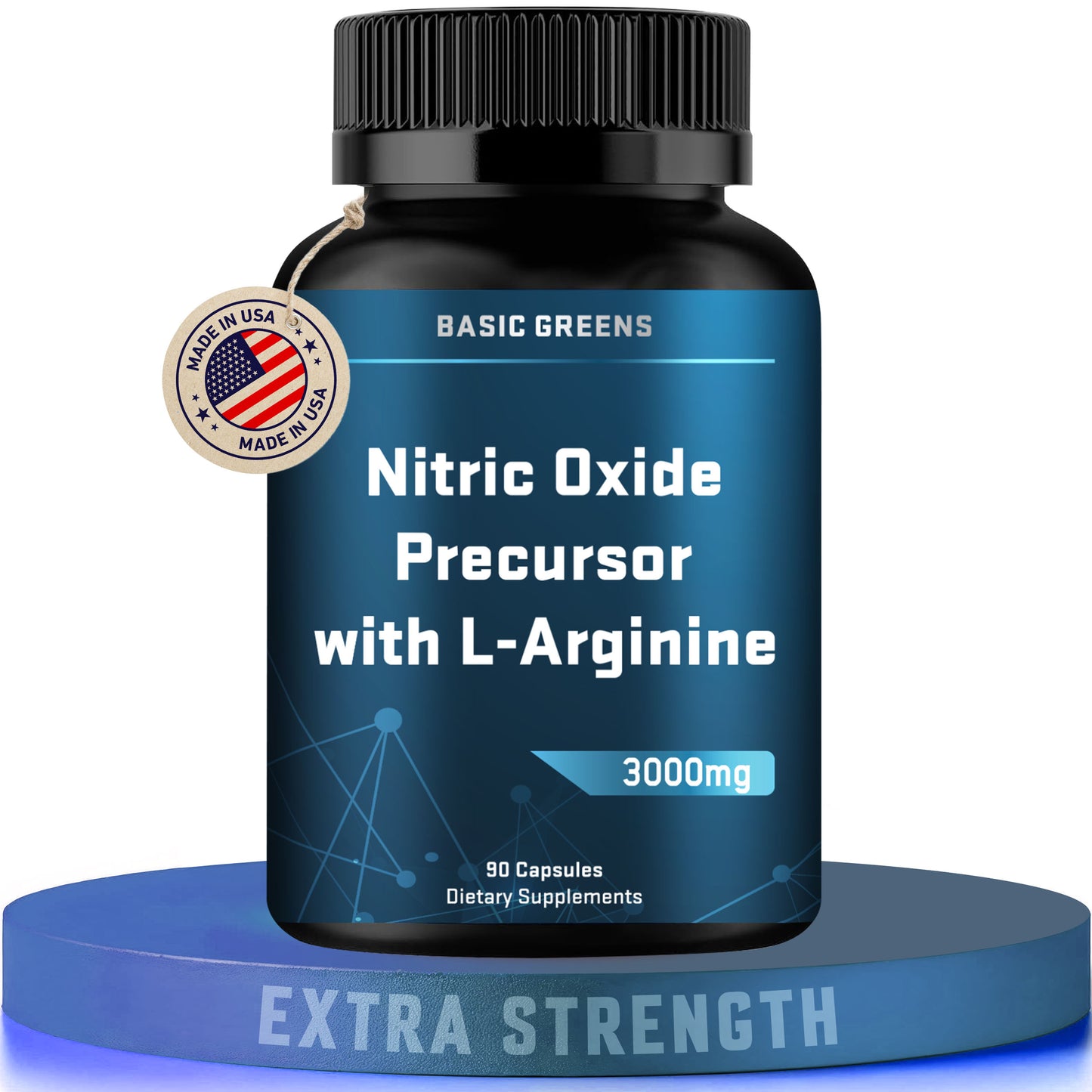 BASIC GREENS L-Arginine 3000mg B081B5KRM9 supplement bottle labeled 'Nitric Oxide Precursor with L-Arginine 90 vegan capsules bottle for circulation and energy' by Basic Greens on a white background.