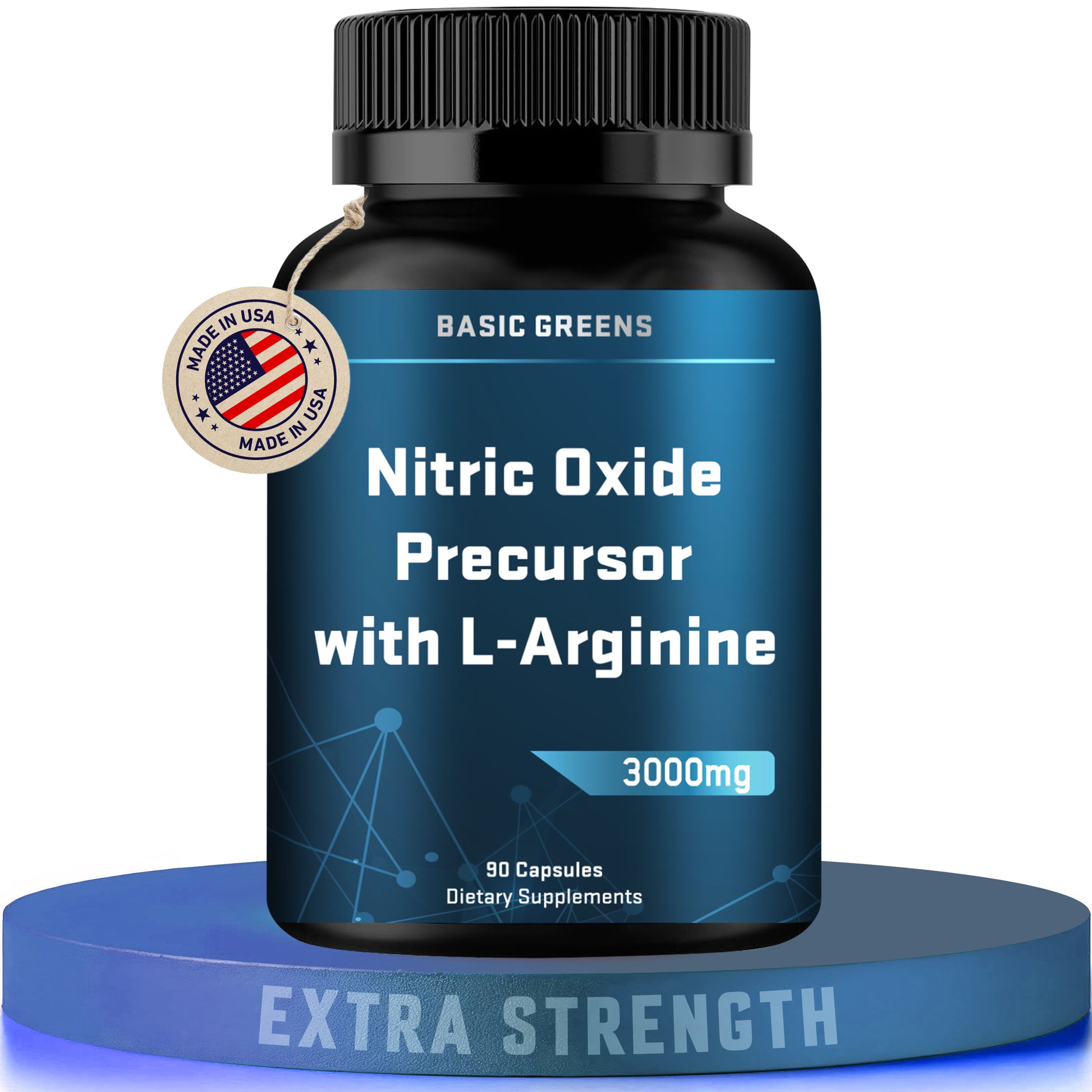 BASIC GREENS L-Arginine 3000mg B081B5KRM9 supplement bottle labeled 'Nitric Oxide Precursor with L-Arginine 90 vegan capsules bottle for circulation and energy' by Basic Greens on a white background.