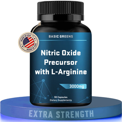 BASIC GREENS L-Arginine 3000mg B081B5KRM9 supplement bottle labeled 'Nitric Oxide Precursor with L-Arginine 90 vegan capsules bottle for circulation and energy' by Basic Greens on a white background.