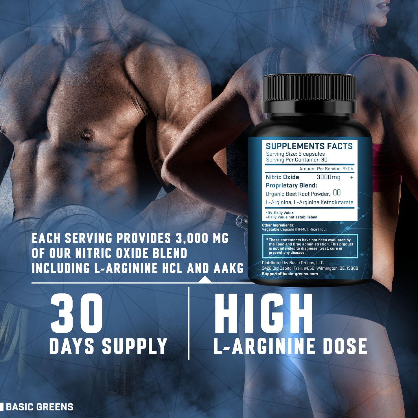 BASIC GREENS B081B5KRM9 Supplement Facts: 3150mg blend of L-Arginine HCl, AAKG, and Beetroot powder for maximum absorption.