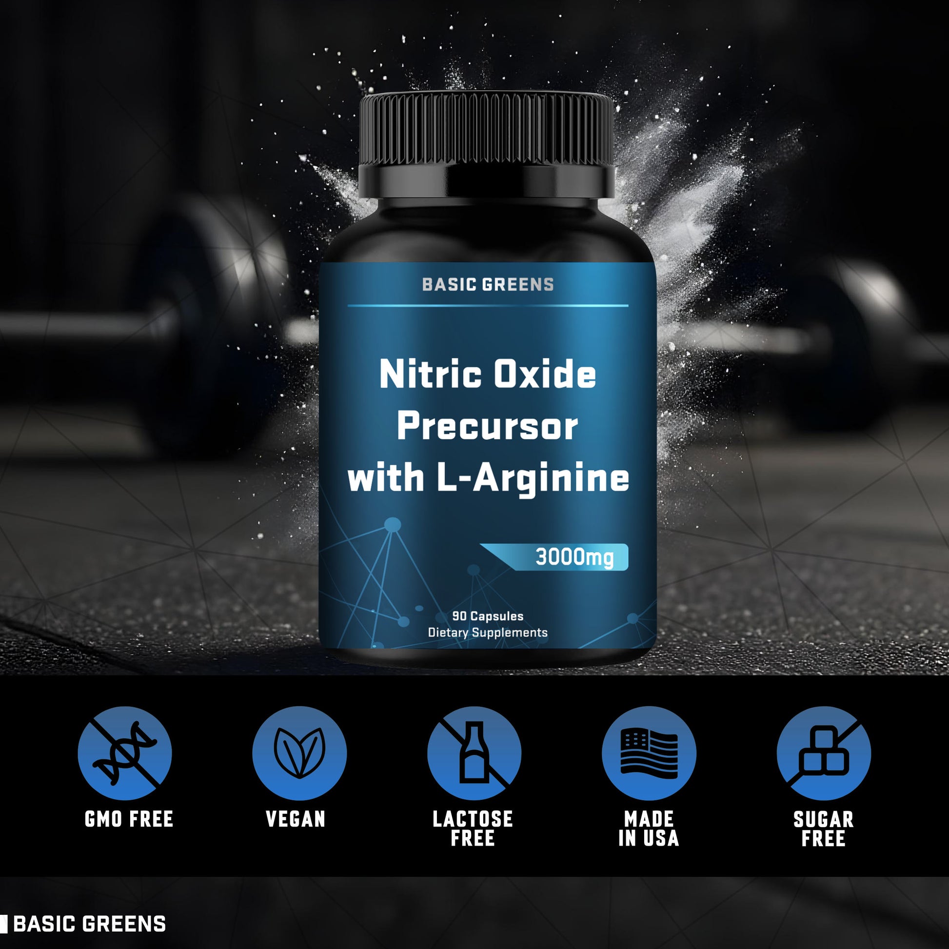 BASIC GREENS B081B5KRM9 dietary standards: Vegan, Non-GMO, Sugar-Free, and Gluten-Free capsules made in GMP certified facility.