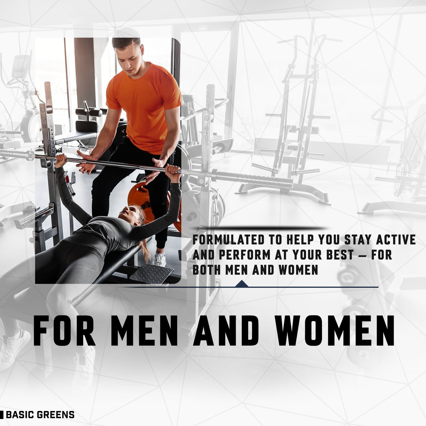 BASIC GREENS L-Arginine B081B5KRM9 Two people exercising in a gym with promotional text overlay. 