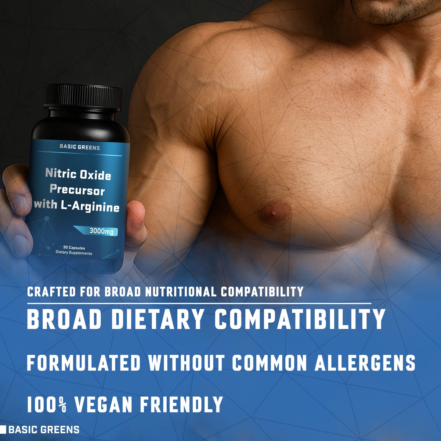 BASIC GREENS B081B5KRM9 L-Arginine for athletic performance. Person holding a supplement bottle with promotional text about dietary compatibility and vegan friendliness.
