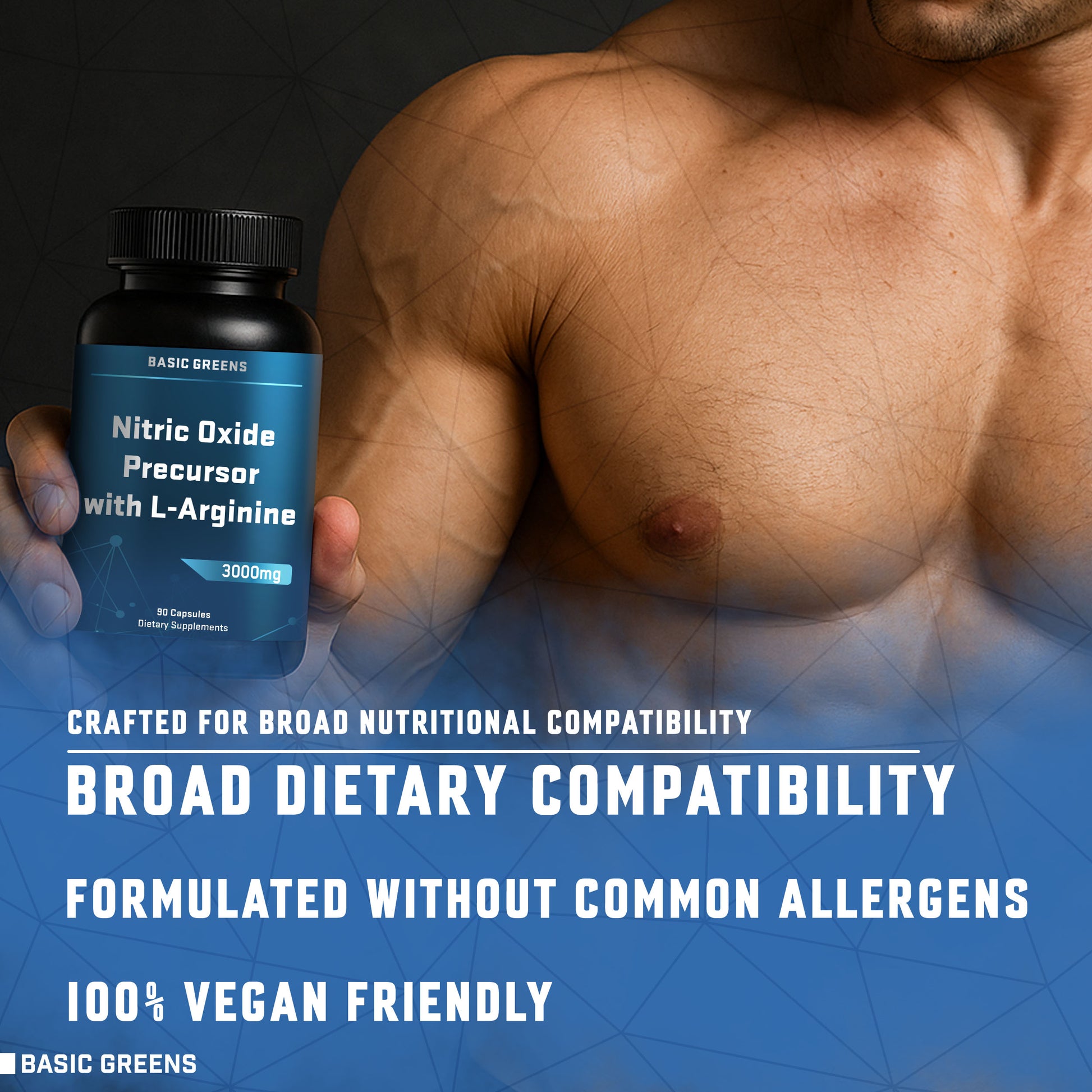 BASIC GREENS B081B5KRM9 L-Arginine for athletic performance. Person holding a supplement bottle with promotional text about dietary compatibility and vegan friendliness.