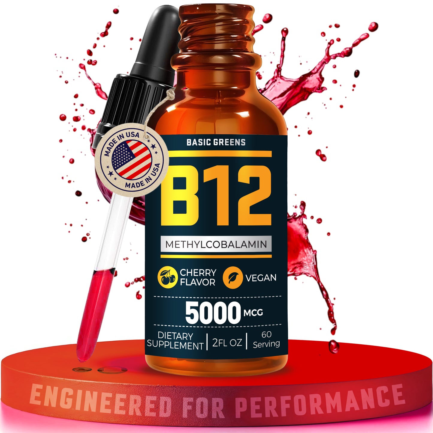 Supplement bottle labeled 'BASIC GREENS B12'  B081B3TYFZ with dropper on a red platform