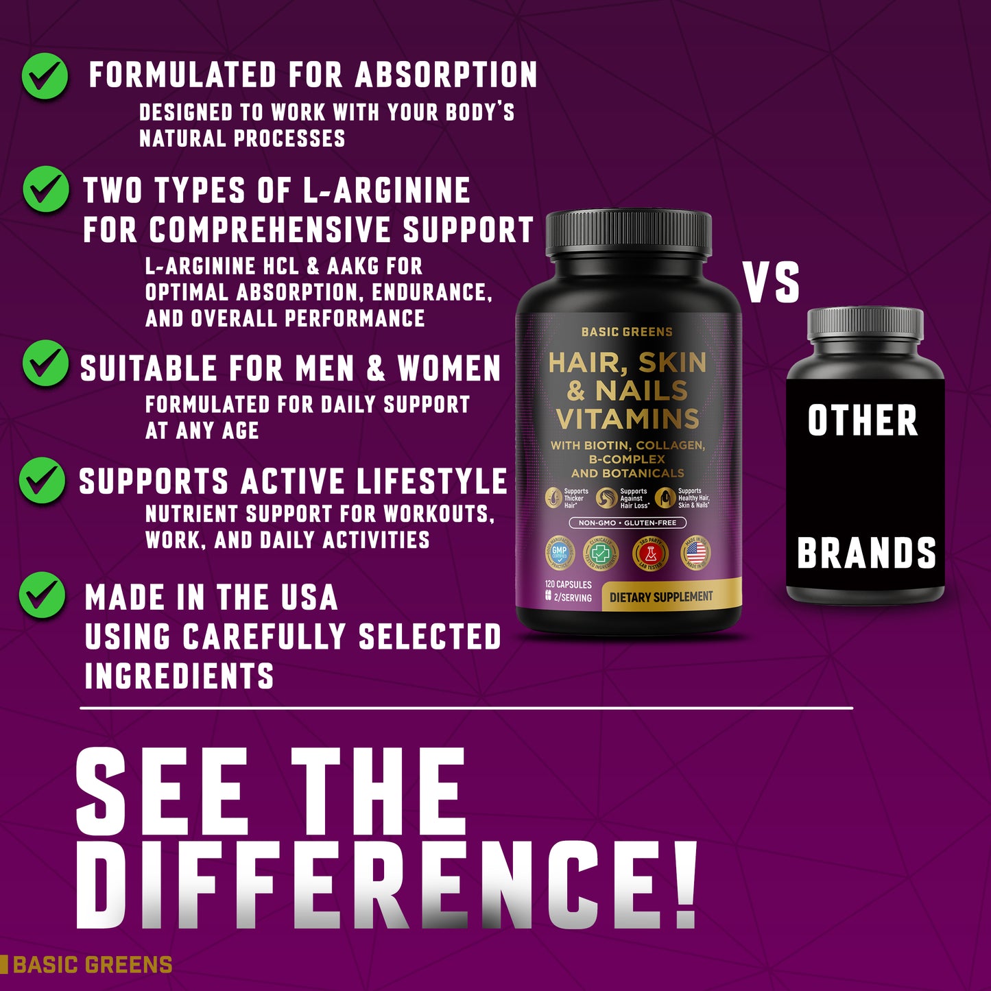 Hair, Skin & Nails Vitamins with Biotin 10000 mcg, Collagen, B-Complex & Botanicals – Supports Healthy Hair, Glowing Skin & Strong Nails – Non-GMO, Gluten-Free – Made in USA – 120 Capsules (Copy)