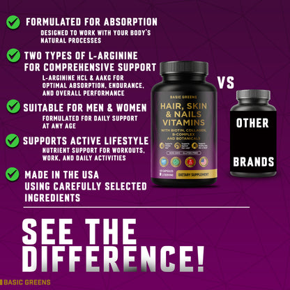 Hair, Skin & Nails Vitamins with Biotin 10000 mcg, Collagen, B-Complex & Botanicals – Supports Healthy Hair, Glowing Skin & Strong Nails – Non-GMO, Gluten-Free – Made in USA – 120 Capsules (Copy)