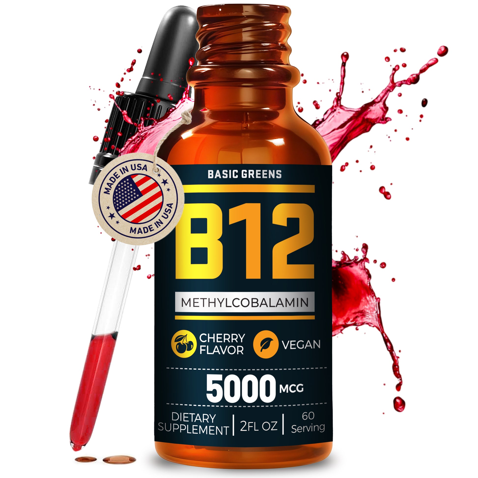 BASIC GREENS Vitamin B12 Drops B081B3TYFZ, 5000mcg Methylcobalamin sublingual liquid supplement, cherry flavor, 60 servings for natural energy.