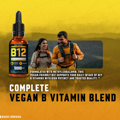 BASIC GREENS B081B3TYFZ sublingual B12 drops with natural cherry flavor, vegan methylcobalamin liquid for fast absorption and nervous system support.