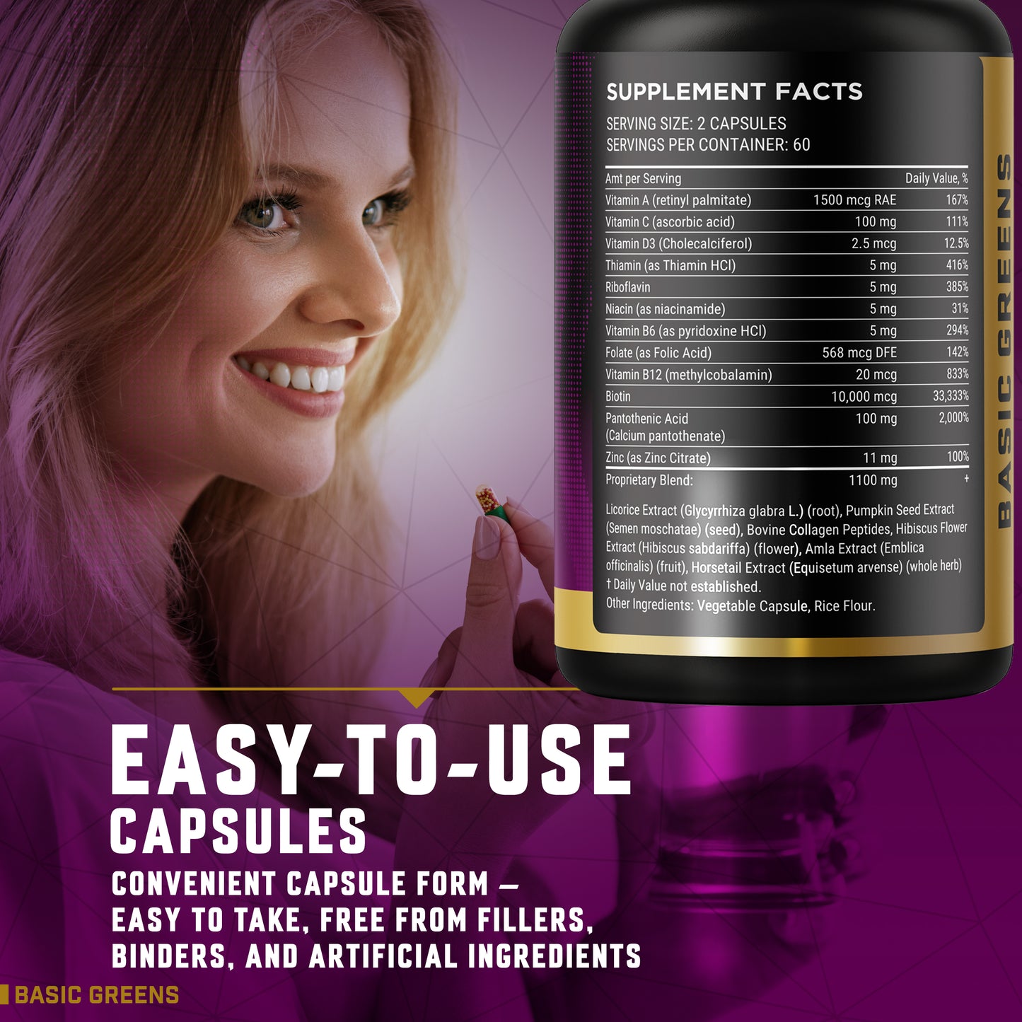 Hair, Skin & Nails Vitamins with Biotin 10000 mcg, Collagen, B-Complex & Botanicals – Supports Healthy Hair, Glowing Skin & Strong Nails – Non-GMO, Gluten-Free – Made in USA – 120 Capsules (Copy)