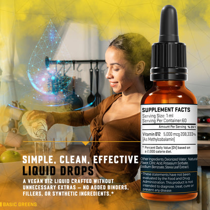 BASIC GREENS B081B3TYFZ Supplement Facts: 5000 mcg Vitamin B12 as Methylcobalamin per 1ml serving, 60 servings per 2 fl oz bottle.