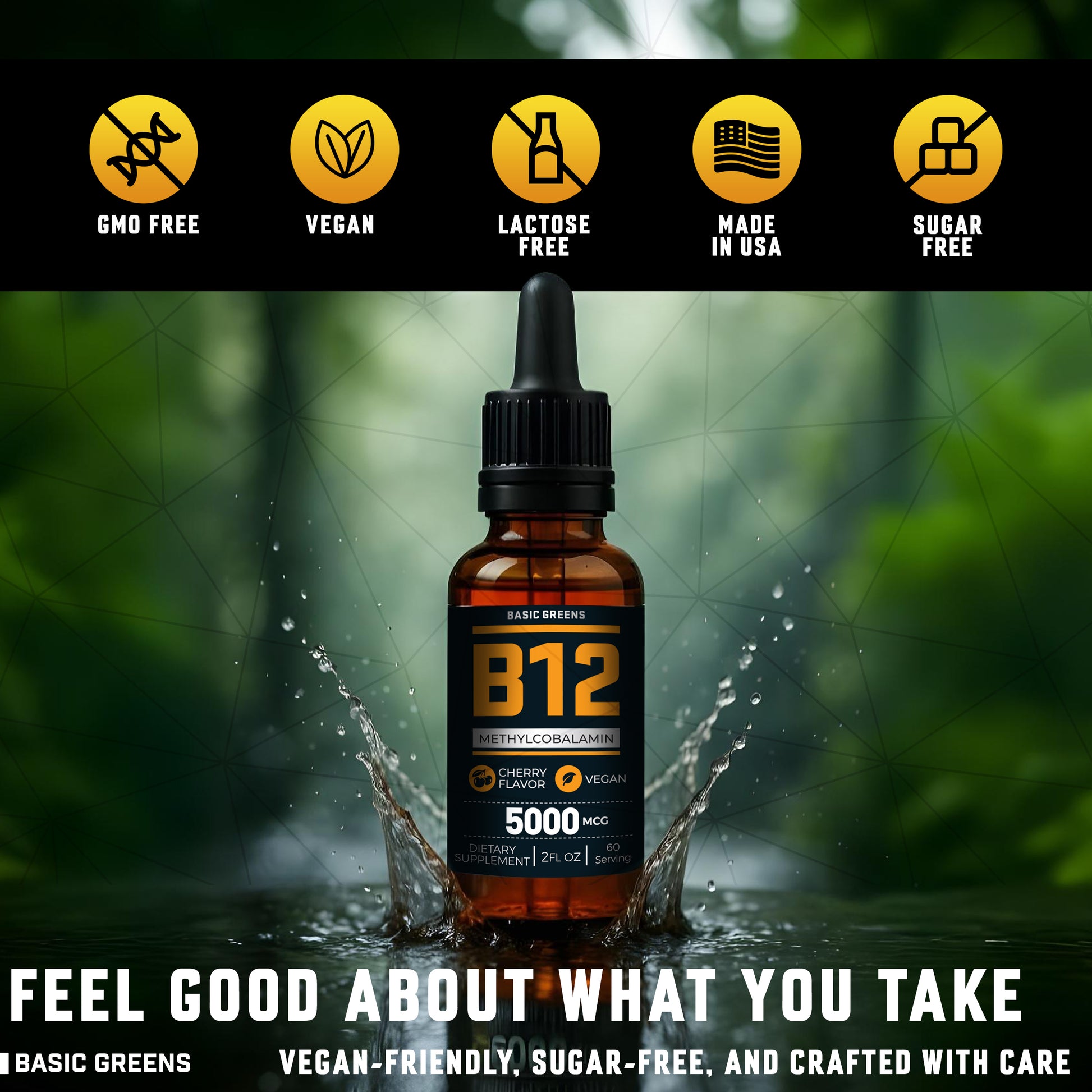 BASIC GREENS Vitamin B12 B081B3TYFZ quality standards: 100% Vegan, Non-GMO, Sugar-Free, and Made in the USA in a GMP-certified facility.