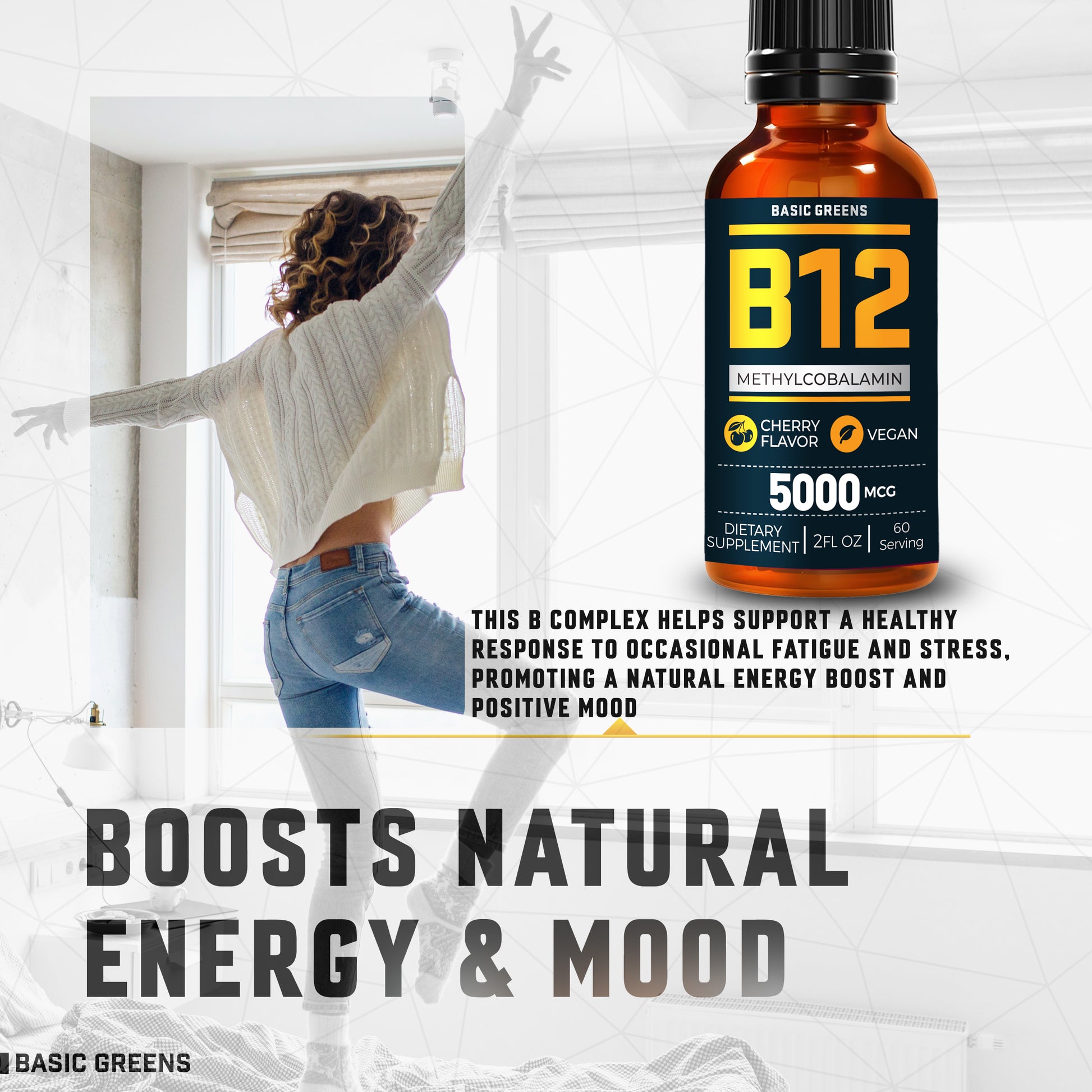 Supplement bottle BASIC GREENS B12 B081B3TYFZ labeled B12 with a person stretching in the background
