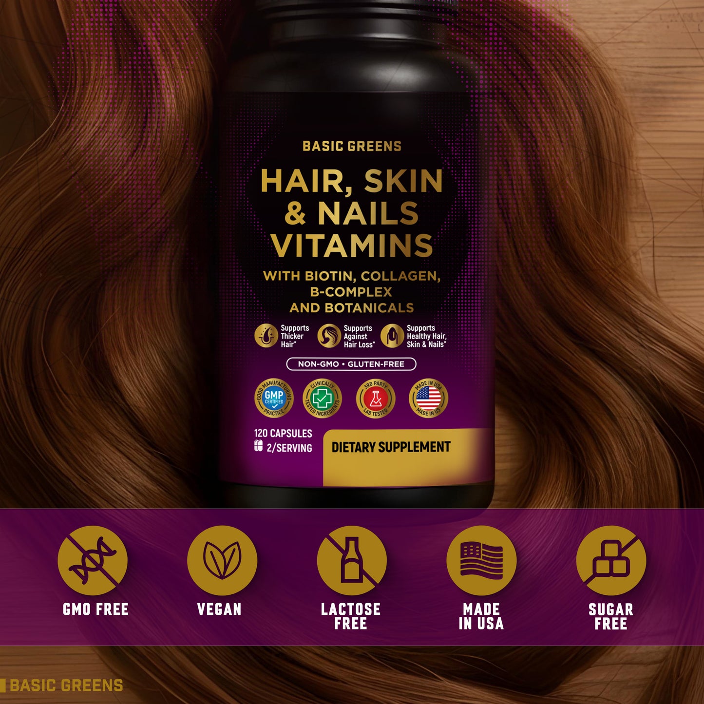 Hair, Skin & Nails Vitamins with Biotin 10000 mcg, Collagen, B-Complex & Botanicals – Supports Healthy Hair, Glowing Skin & Strong Nails – Non-GMO, Gluten-Free – Made in USA – 120 Capsules (Copy)