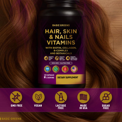 Hair, Skin & Nails Vitamins with Biotin 10000 mcg, Collagen, B-Complex & Botanicals – Supports Healthy Hair, Glowing Skin & Strong Nails – Non-GMO, Gluten-Free – Made in USA – 120 Capsules (Copy)