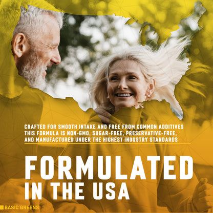 Two people smiling with a yellow overlay and text about product BASIC GREENS B12 B081B3TYFZ informulation.