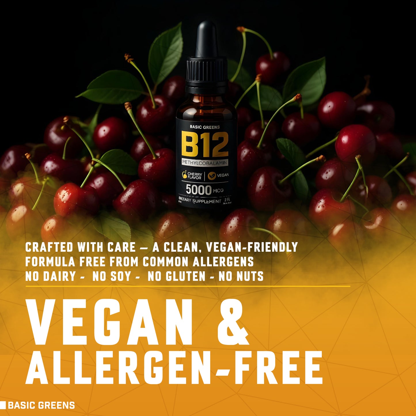 BASIC GREENS B12 B081B3TYFZ supplement bottle surrounded by cherries with text about vegan and allergen-free qualities.