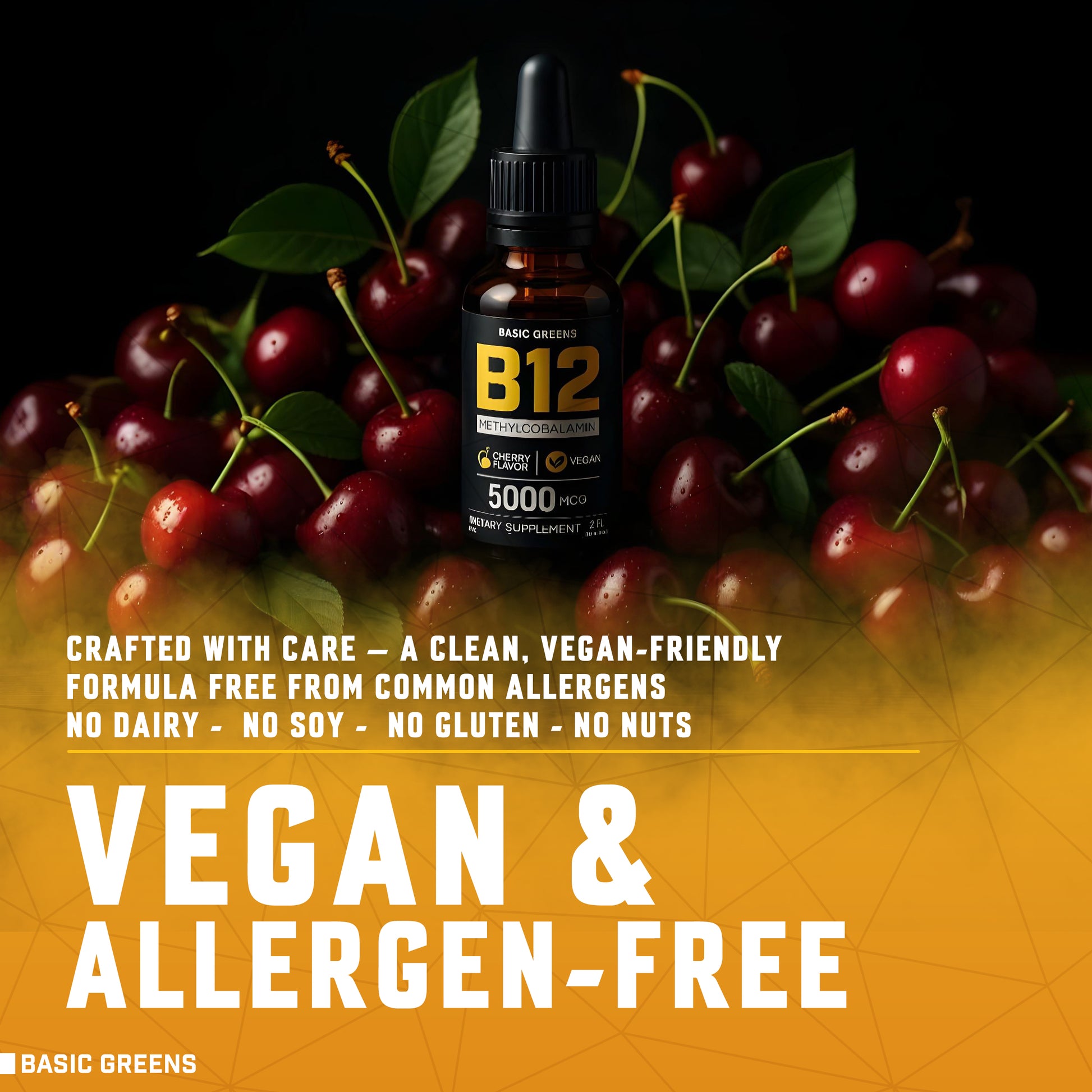 BASIC GREENS B12 B081B3TYFZ supplement bottle surrounded by cherries with text about vegan and allergen-free qualities.