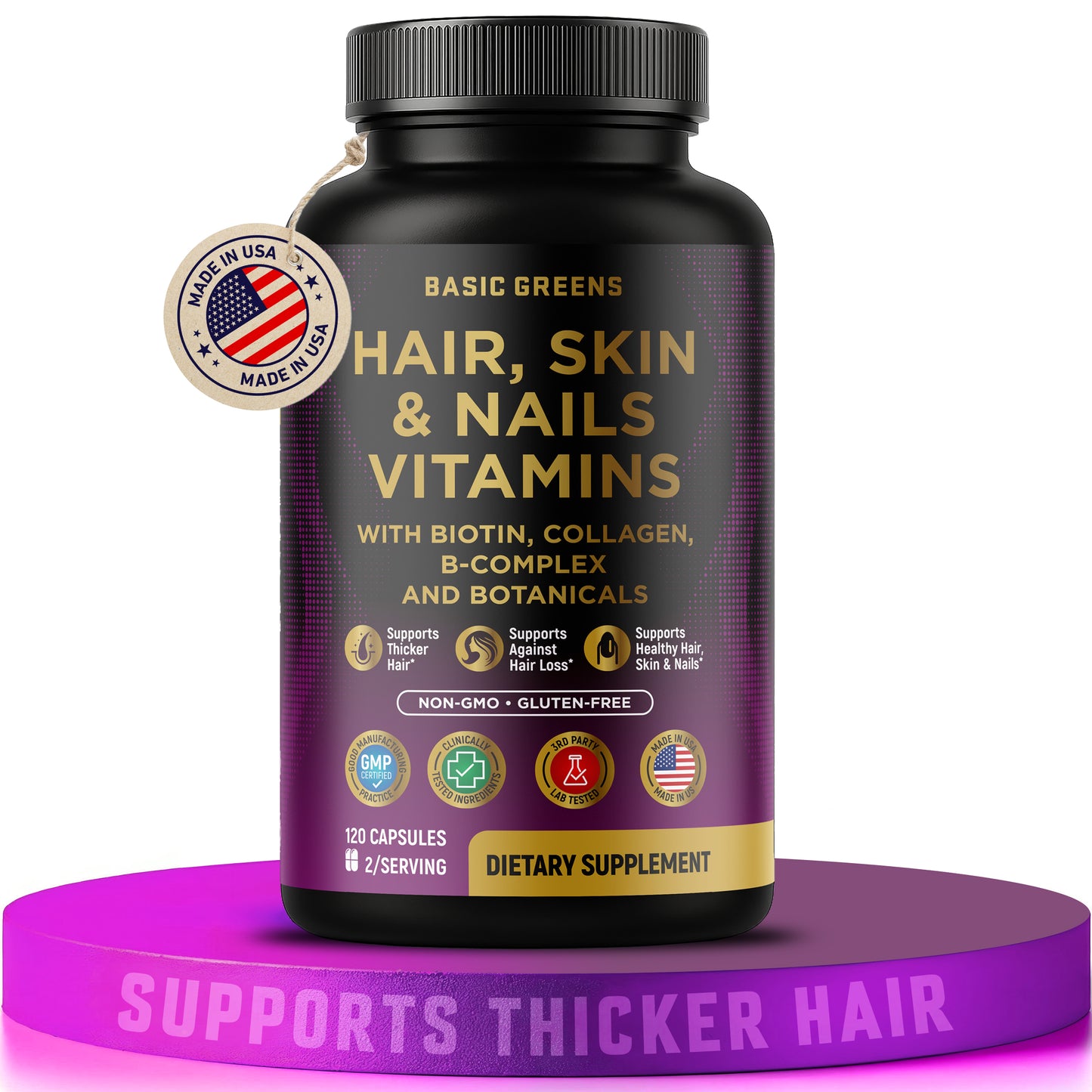 Hair, Skin & Nails Vitamins with Biotin 10000 mcg, Collagen, B-Complex & Botanicals – Supports Healthy Hair, Glowing Skin & Strong Nails – Non-GMO, Gluten-Free – Made in USA – 120 Capsules (Copy)