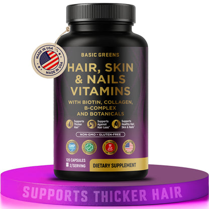 Hair, Skin & Nails Vitamins with Biotin 10000 mcg, Collagen, B-Complex & Botanicals – Supports Healthy Hair, Glowing Skin & Strong Nails – Non-GMO, Gluten-Free – Made in USA – 120 Capsules (Copy)