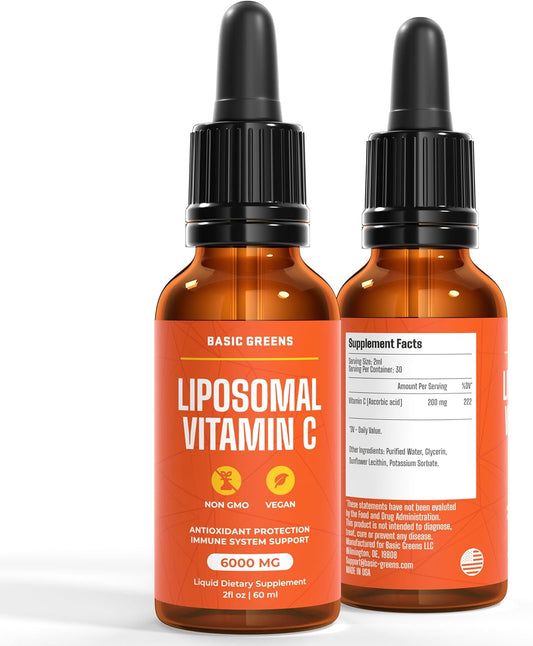 BASIC GREENS Liposomal Vitamin C Liquid 6000mg – High Absorption Liquid C Supplement for Immune Support, Antioxidant & Skin Health – Non-GMO, Vegan, Gentle Formula – 2 fl oz