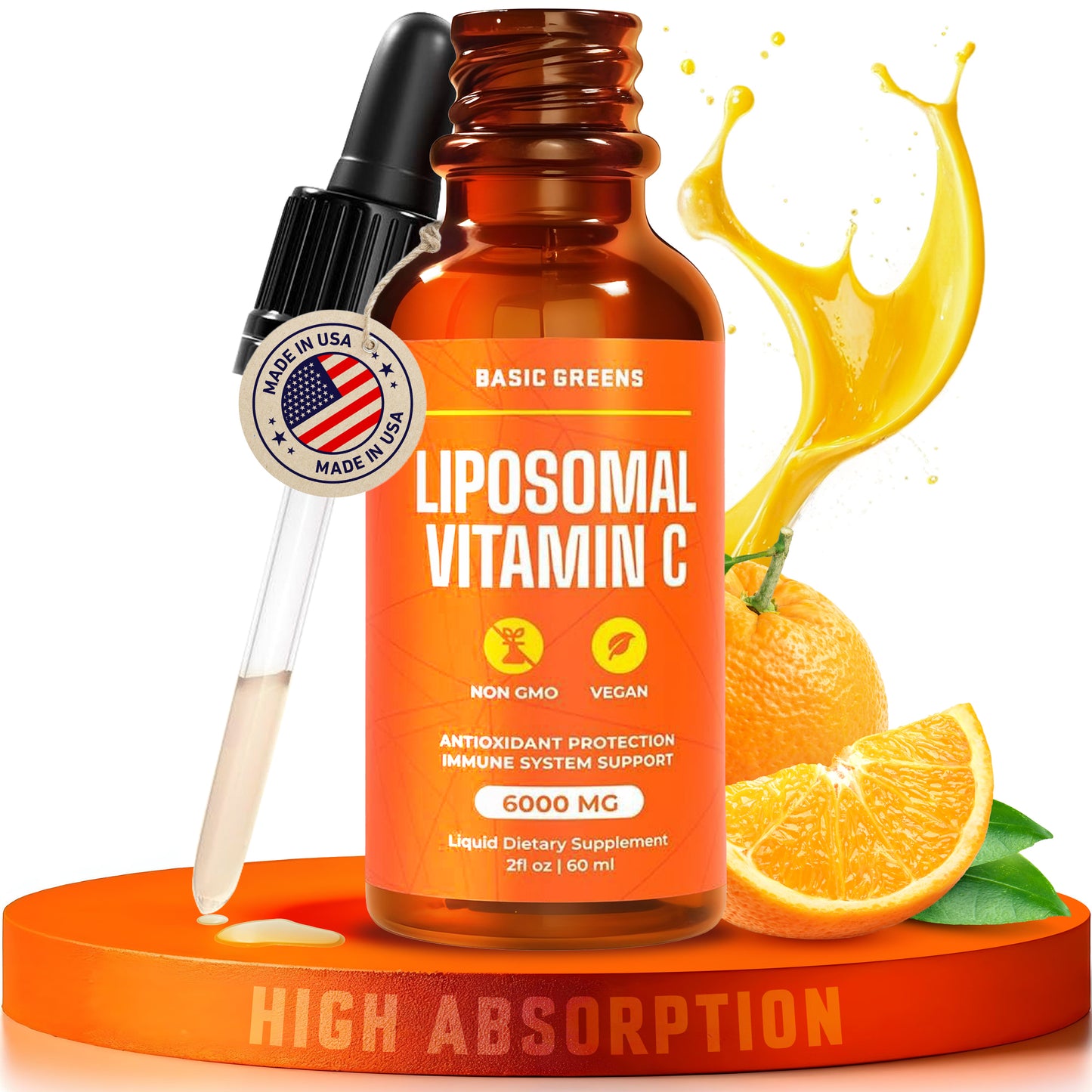 BASIC GREENS Liposomal Vitamin C Liquid 6000mg – High Absorption Liquid C Supplement for Immune Support, Antioxidant & Skin Health – Non-GMO, Vegan, Gentle Formula – 2 fl oz
