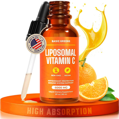BASIC GREENS Liposomal Vitamin C Liquid 6000mg – High Absorption Liquid C Supplement for Immune Support, Antioxidant & Skin Health – Non-GMO, Vegan, Gentle Formula – 2 fl oz