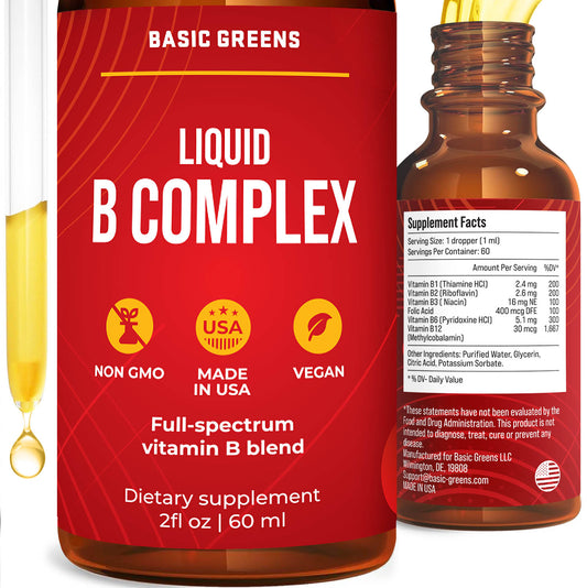 BASIC GREENS Vitamin B Complex Liquid Drops - Strength Sublingual Formula, Maximizes Absorption & Boosts Energy - B1, B2, B3, B5, B6, B7, B9, B12 - Natural Vegan Supplement for Immunity (Copy)