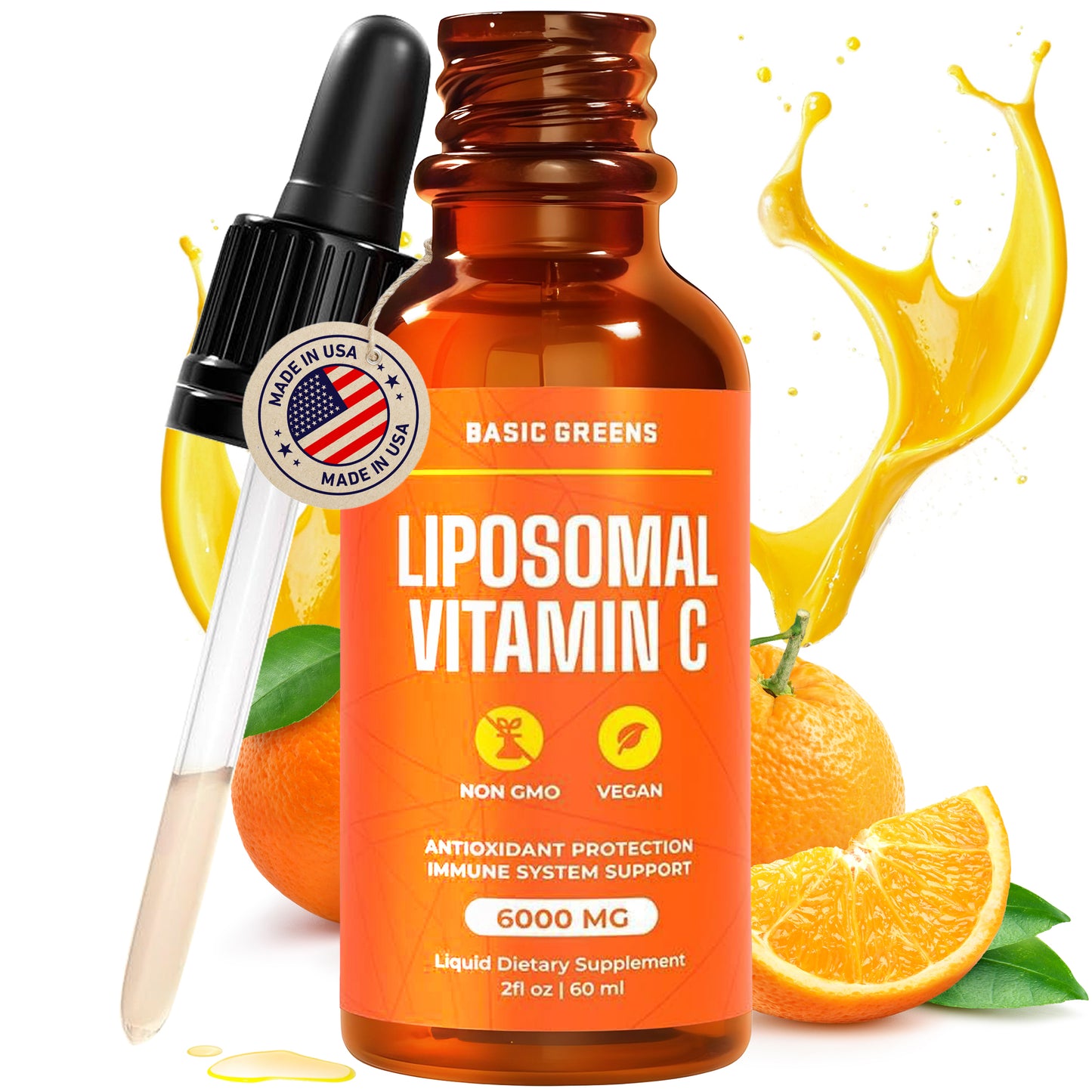 BASIC GREENS Liposomal Vitamin C Liquid 6000mg – High Absorption Liquid C Supplement for Immune Support, Antioxidant & Skin Health – Non-GMO, Vegan, Gentle Formula – 2 fl oz