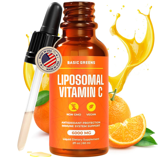 BASIC GREENS Liposomal Vitamin C Liquid 6000mg – High Absorption Liquid C Supplement for Immune Support, Antioxidant & Skin Health – Non-GMO, Vegan, Gentle Formula – 2 fl oz