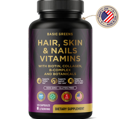 Hair, Skin & Nails Vitamins with Biotin 10000 mcg, Collagen, B-Complex & Botanicals – Supports Healthy Hair, Glowing Skin & Strong Nails – Non-GMO, Gluten-Free – Made in USA – 120 Capsules (Copy)