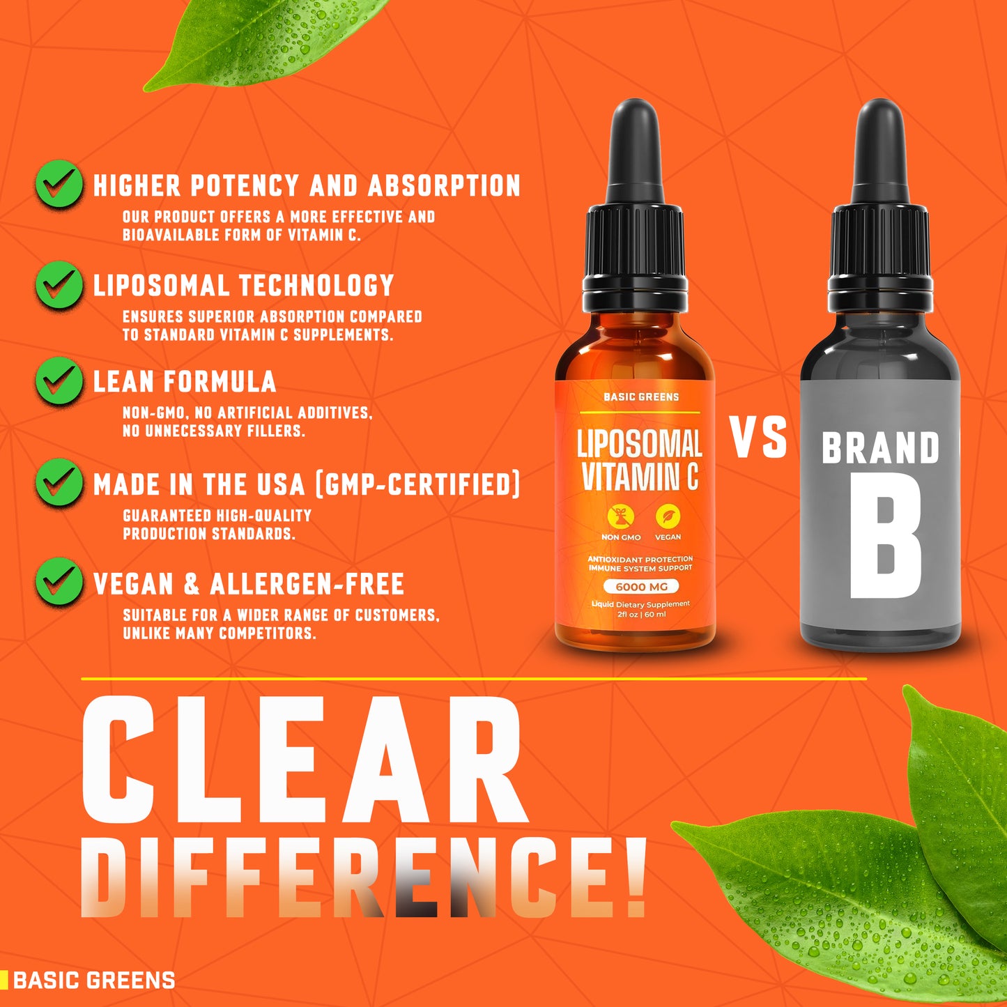 BASIC GREENS Liposomal Vitamin C Liquid – High Absorption Immune Support & Antioxidant Boost | Advanced Liposomal Delivery, Non-GMO, Vegan-Friendly Vitamin C Supplement, 4 Fl Oz (Copy)