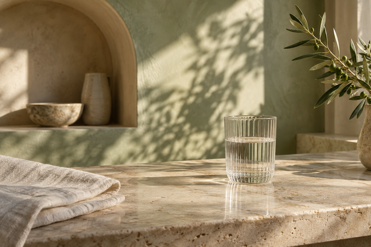 A glass of water and folded linen in gentle morning sunlight