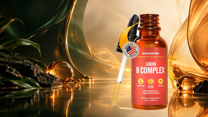 BASIC GREENS Liquid B Complex Drops in a cinematic amber setting