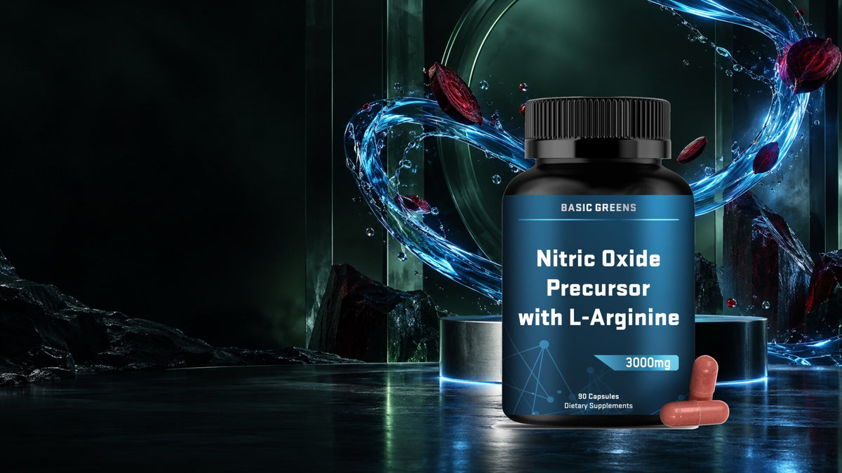 BASIC GREENS L-Arginine 3000 mg Capsules in a cinematic blue and green setting